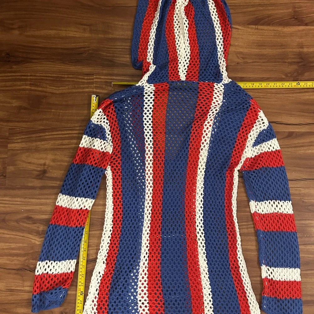Venus Red White Blue USA Striped Crochet Hoodie Knit Swim Cover-Up Dress - Picture 5 of 9